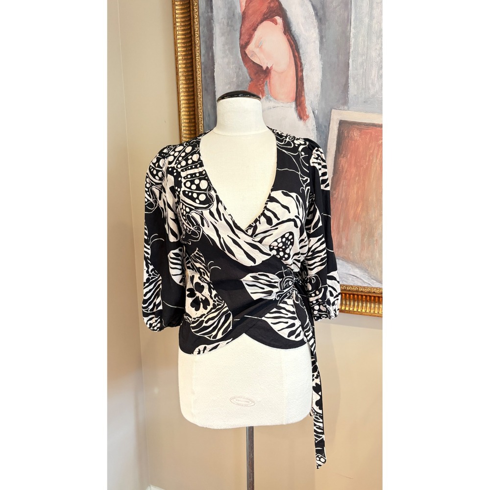Christian Siriano New York Black White Linen Blend Wrap Top Puff Sleeve XS